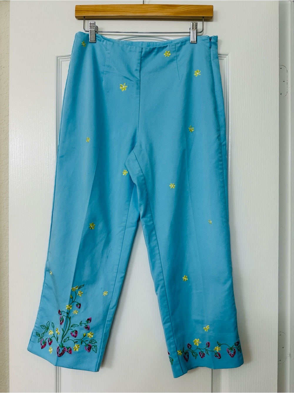 REQUIREMENTS • Sky Blue Floral and Strawberry Embroidered Cropped Trousers